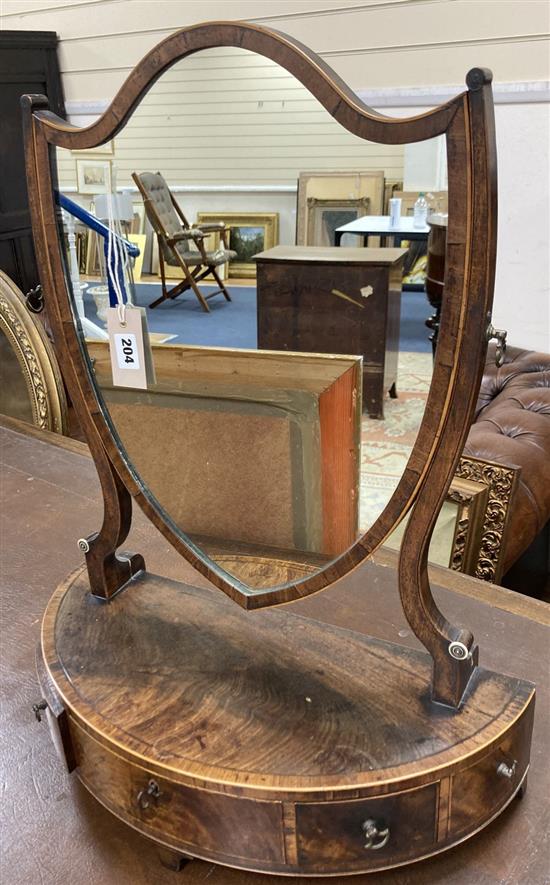 A George III cross-banded mahogany semi-elliptical toilet mirror with three drawer box base, height 65cm